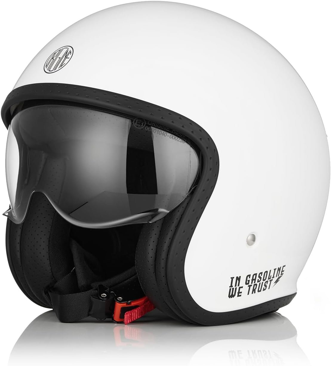 Casco ORIGINE Spirit color blanco con texto "In Gasoline we trust"