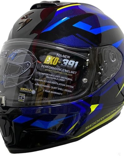 Casco integral de moto Scorpion Exo-391. Color azul y negro