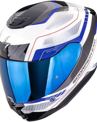 Casco integral de moto Scorpion Exo-391. Color azul, blanco y negro