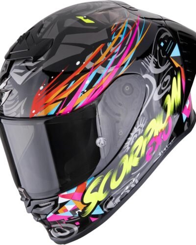 Casco integral de moto Scorpion Exo-R1. Color negro, rosa, amarillo, naranja