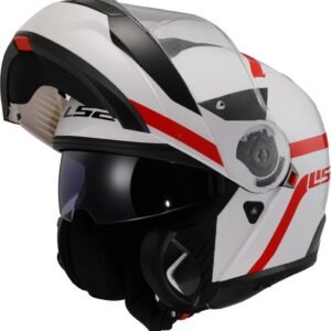 Casco modular LS2 Strobe II blanco y rojo. Vista frontal mentonera levantada
