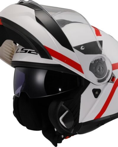 Casco modular LS2 Strobe II blanco y rojo. Vista frontal mentonera levantada