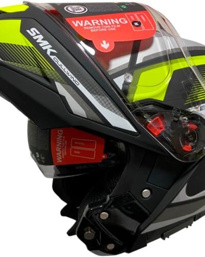 Casco modular de moto SMG Gullwing Venture negro y amarillo. Vista principal.