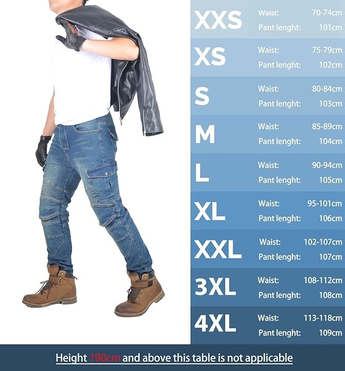 Pantalón de moto OfZimTo vaquero. tabla de tallas.