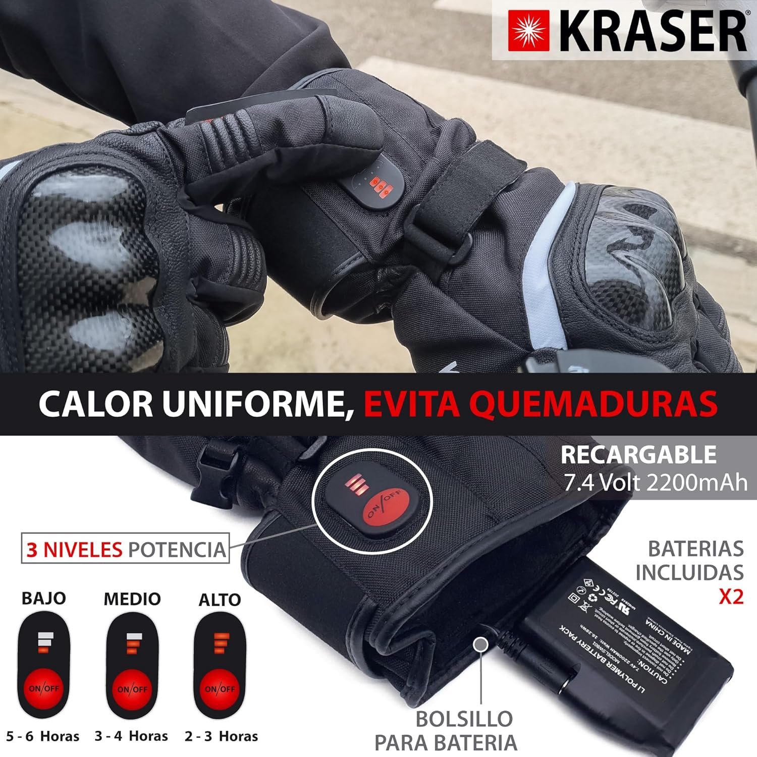 Guantes calefactables de moto Kraser KRGS28. Tres niveles de intensidad.