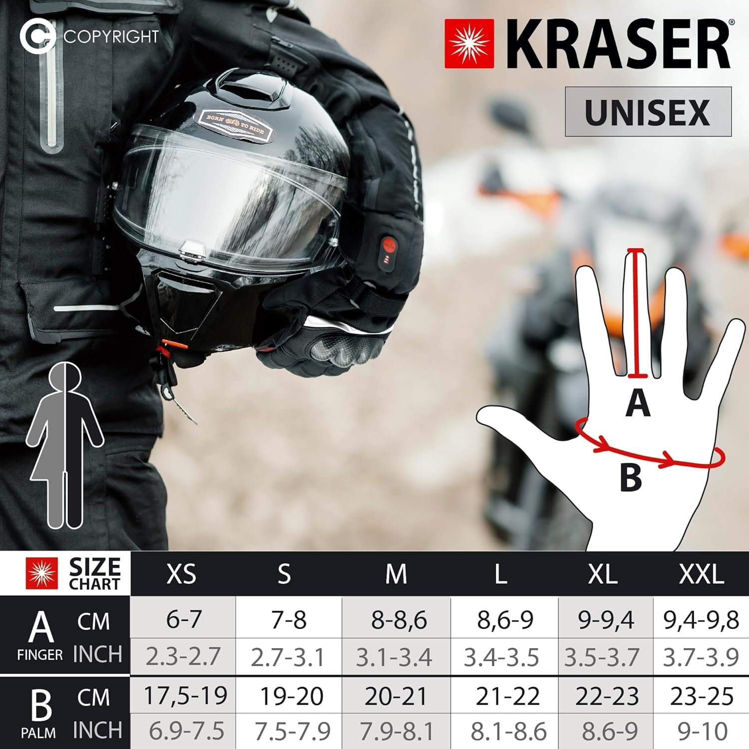 Guantes calefactables de moto Kraser KRGS28. Tabla de tallas