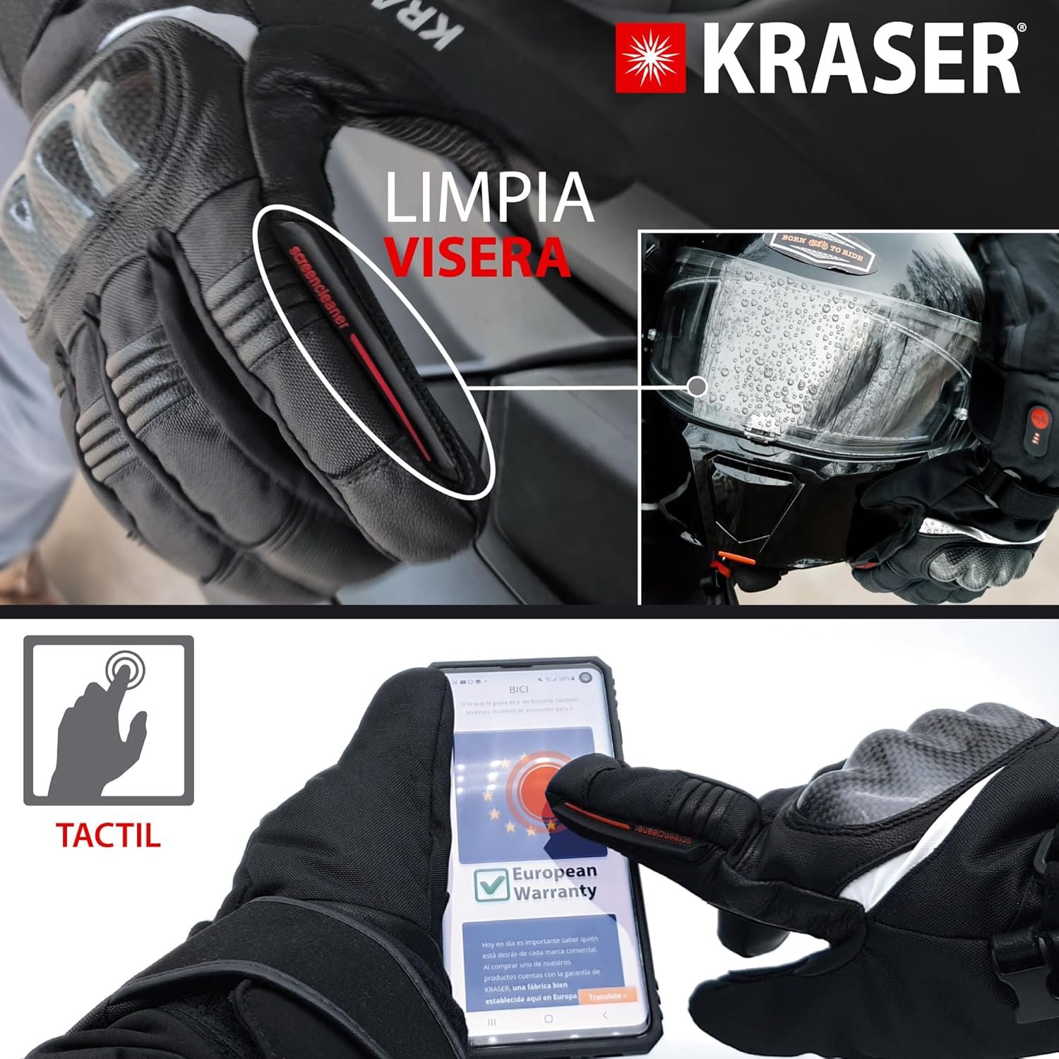 Guantes calefactables de moto Kraser KRGS28. Detalles de los guantes