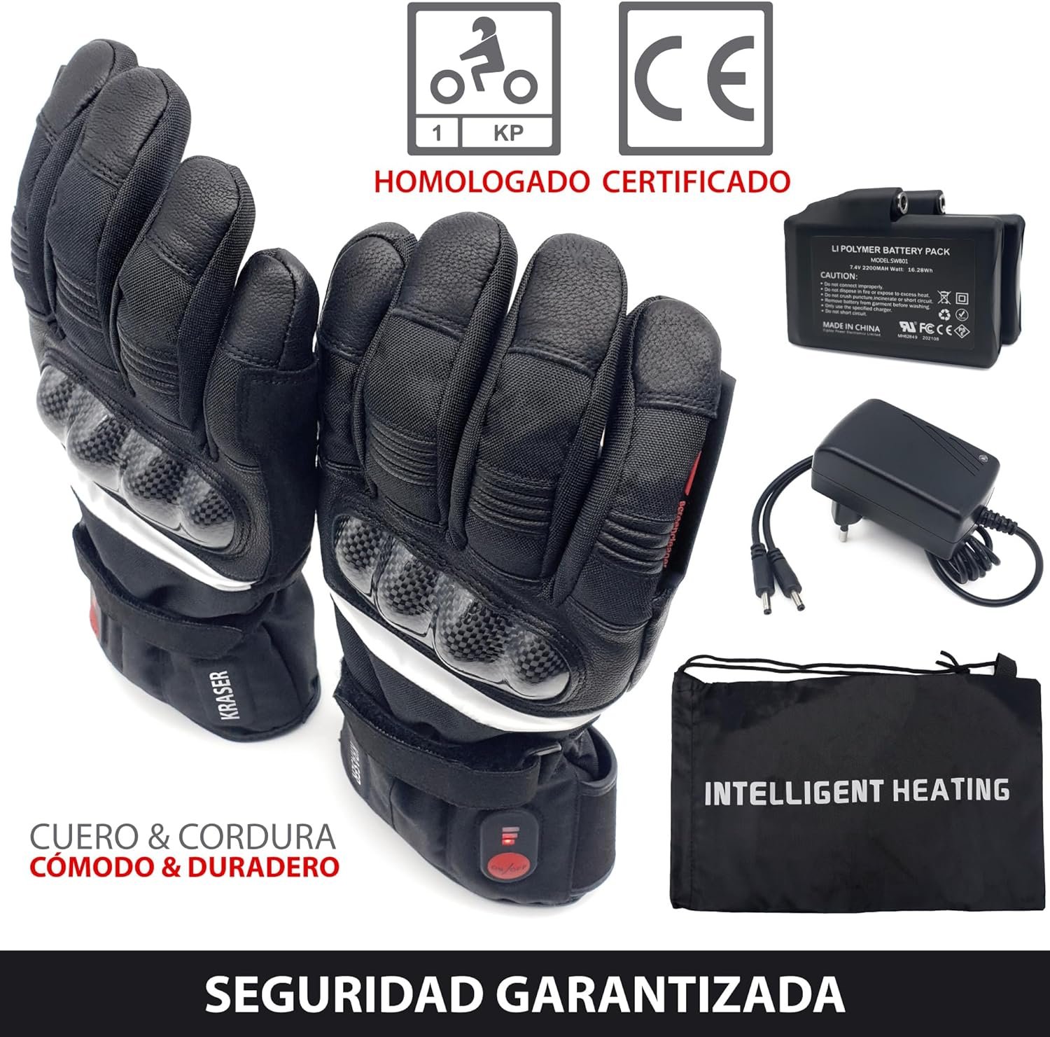 Guantes calefactables de moto Kraser KRGS28. Contenido del kit.