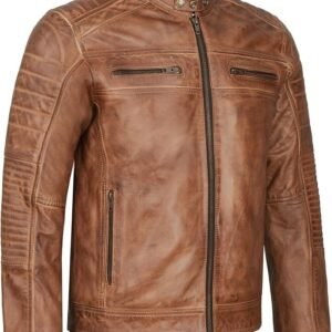 Chaqueta de cuero para moto Leatherick en color marrón y estilo retro. Vista frontal