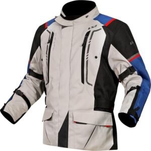 Chaqueta de moto LS2 Navik. Color gris, negro y azul parte delantera