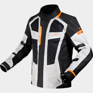 Chaqueta de moto LS2 Scout. Chaqueta de moto tonos blanco, negro y naranja parte delantera