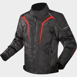 Chaqueta de moto LS2 Sepang en color negro y rojo. Vista delantera.