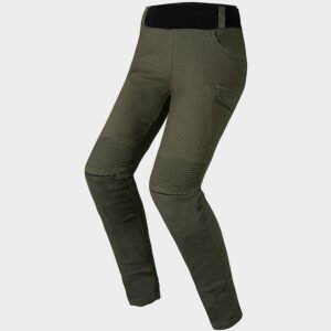 Pantalones de moto de mujer LS2 Router. Color verde vista delantera.
