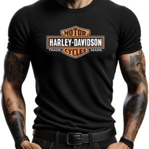 Camiseta de algodón Harley Davidson negra logo naranja. Camiseta con logotipo clásica de Harley Davidson.