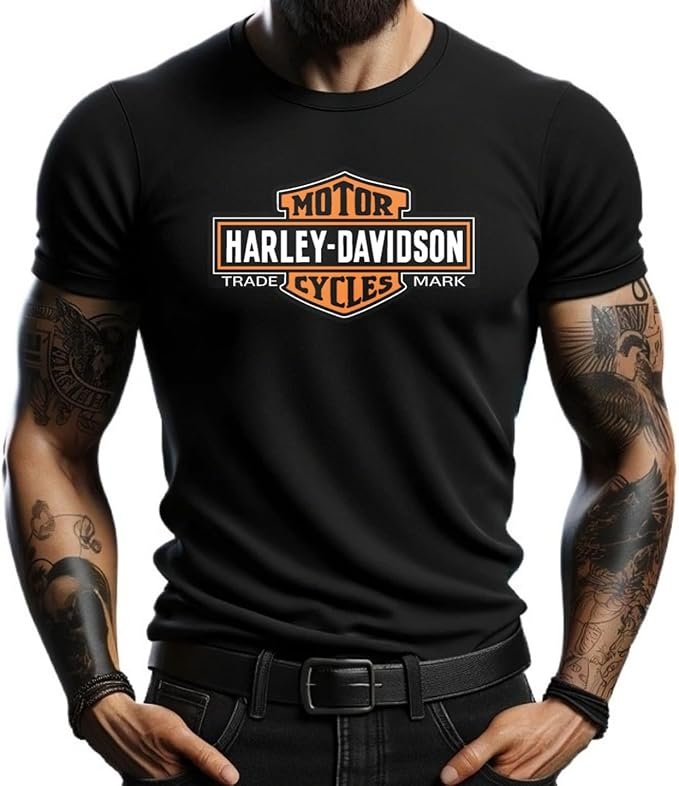 Camiseta de algodón Harley Davidson negra logo naranja. Camiseta con logotipo clásica de Harley Davidson.