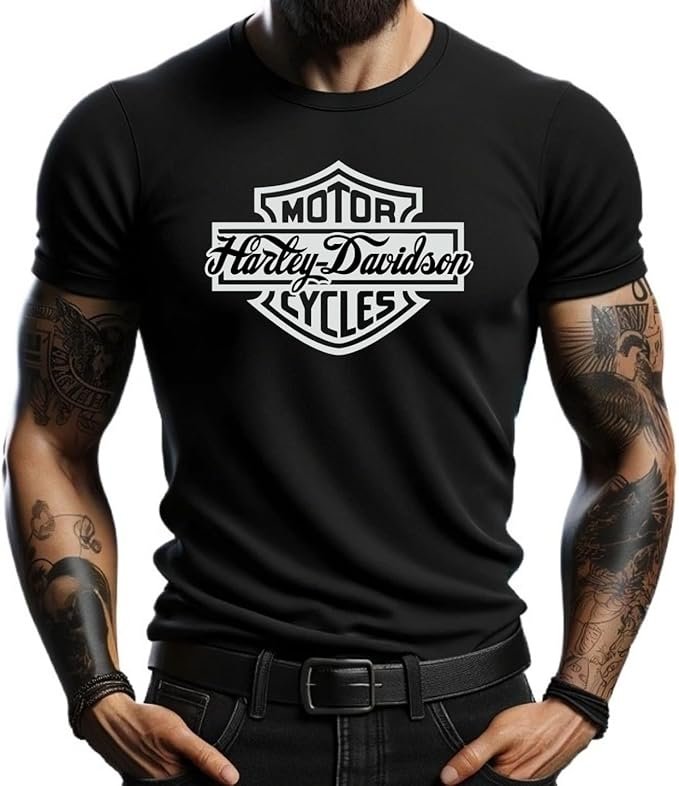 Camiseta de algodón Harley Davidson negra. Camiseta con logotipo clásica de Harley Davidson.