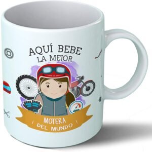 Taza para moteras "Aquí bebe la mejor motera del mundo". Taza de desayuno apta para microondas.