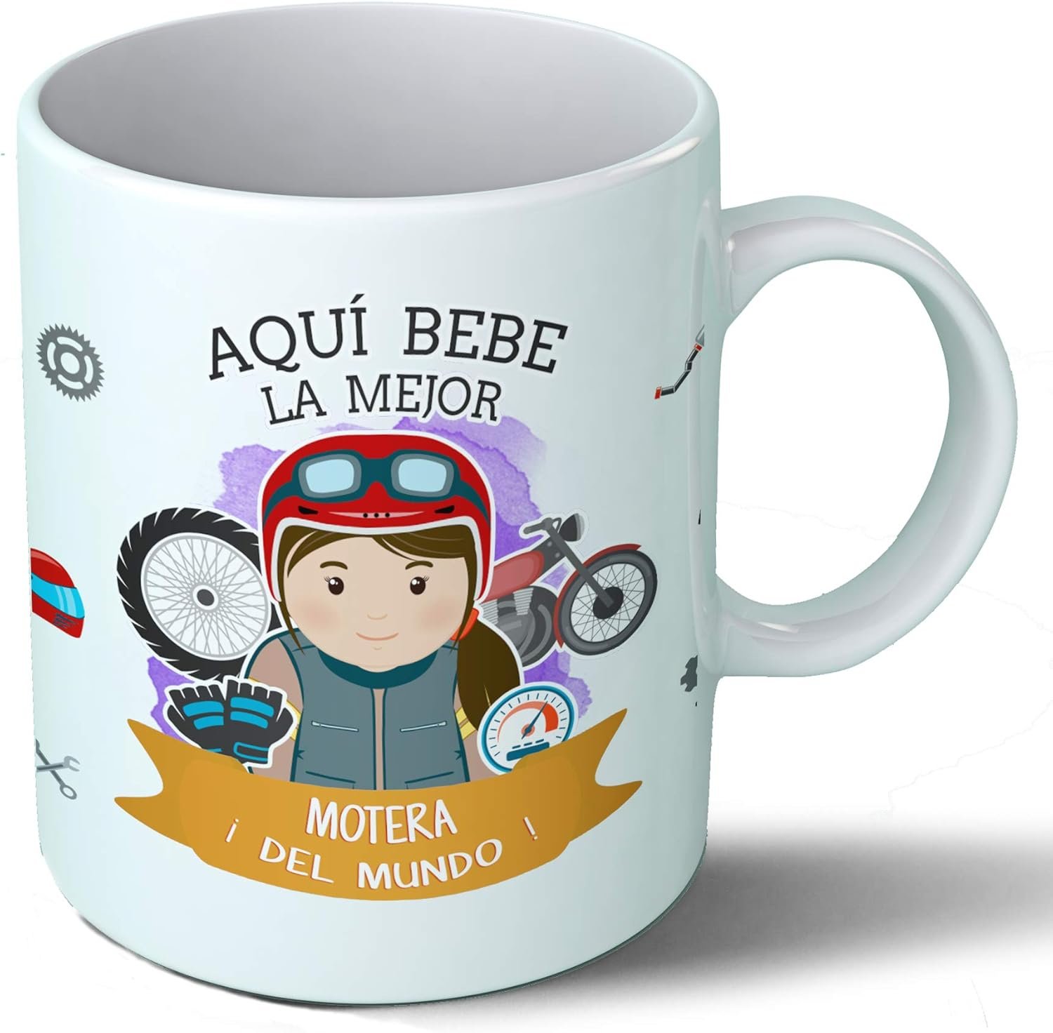 Taza para moteras "Aquí bebe la mejor motera del mundo". Taza de desayuno apta para microondas.