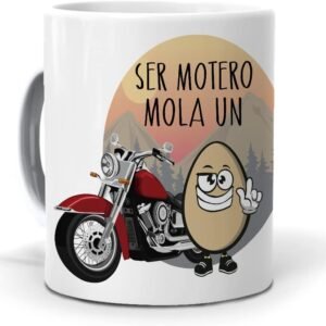 Taza para moteros "Ser motero mola un huevo". Taza de desayuno para motoristas.
