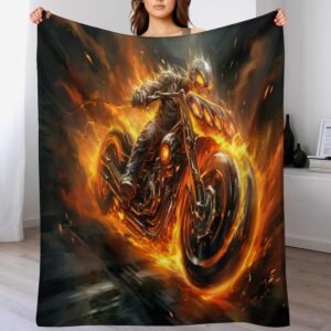 Manta de sofá con imagen de motorista en llamas. Manta de sofá de 80x100 cm para moteros.